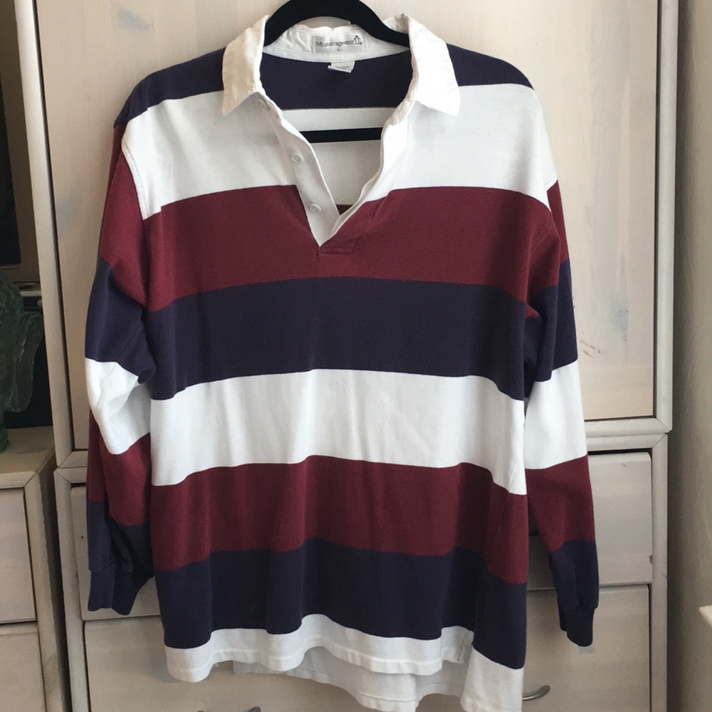 Red Blue and White button up long sleeve polo
